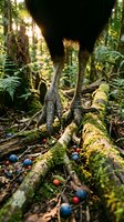 Large bird feet standing on moss-covered fallen logs in lush rainforest with scattered berries and ferns creating natural woodland scene.