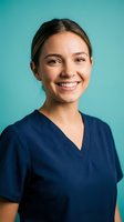 Happy young Hispanic female healthcare worker in navy scrubs smiling confidently against turquoise background for medical and wellness campaigns.