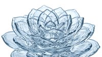 Crystal clear glass lotus flower bowl with intricate petal design and decorative patterns, elegant tableware for home decor and dining occasions.