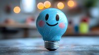 Light bulb with cute smiling face painted in blue color and rosy cheeks against blurred bokeh background, representing creative happiness and positive thinking.