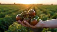 Fresh ripe tomatoes in farmer hand at sunset in agricultural field. Organic vegetable harvest concept for healthy eating and sustainable farming.