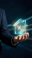 Businessman hand holding glowing house hologram with percentage symbol for mortgage rates, real estate investment and property loan concepts.