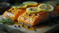 Fresh salmon fillets seasoned with black pepper and herbs, garnished with lemon slices and dill on white marble surface in moody lighting, raw fish preparation.