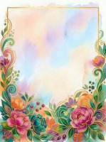 Watercolor floral frame with ornate gold borders and decorative botanical elements on soft pastel background, suitable for invitations, greeting cards, and design projects.