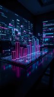Holographic neon bar chart with pink and cyan glowing columns displaying financial data analytics in dark futuristic environment for business reports.