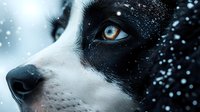 Close-up of black and white dog with striking amber eyes covered in snow particles, winter season, cold weather, pet portrait, animal photography.