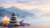 Zen spa stones balanced with lavender flowers and glowing candle against misty mountain landscape at sunset for meditation and wellness relaxation.
