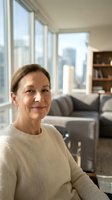 Mature Caucasian woman in cream sweater smiling warmly in bright modern living room with large windows and city view for lifestyle content.