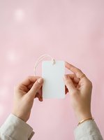 Two hands holding blank white rectangular tag with string against soft pink background, suitable for branding, product labeling, pricing, gift tags, and retail packaging mockups.