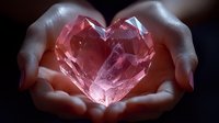 Female hands gently holding large pink crystal heart shape against dark background, symbolizing love, healing, and spiritual energy. Soft glowing light creates magical mood.