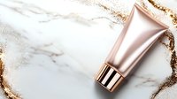 Luxurious rose gold cosmetic tube on marble background with golden glitter scatter. Premium skincare packaging mockup for beauty product presentation.