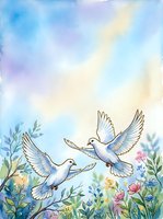 Pair of white doves flying among blooming flowers and green foliage against soft watercolor sky in pastel tones. Suitable for peace, love, and nature-themed designs.