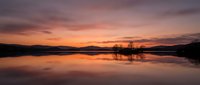 Serene lake at sunset with silhouetted trees reflected in calm water, dramatic orange and purple sky, peaceful nature landscape for backgrounds and editorial use.