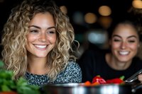 Young woman with curly blonde hair smiling brightly while cooking with friend in kitchen, natural lighting creates warm atmosphere during food preparation.