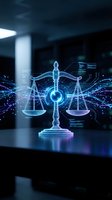 Digital justice scales with glowing blue holographic technology effects and data streams in modern office environment for legal tech concepts.