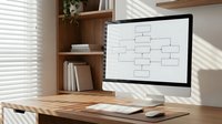 Modern workspace with computer displaying organizational flowchart on wooden desk. Sunlight streams through blinds creating shadows in home office setup.
