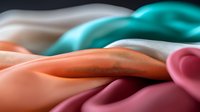 Soft fabric waves in pastel colors create gentle folds and curves. Silky textile background with peach, turquoise, pink and white smooth flowing material shows elegant draping.
