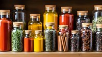 Collection of colorful spices and herbs in glass jars with cork lids arranged on wooden shelf for cooking and culinary seasoning storage.