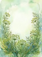 Watercolor botanical frame with delicate fennel or dill plants featuring yellow umbrella-shaped flower clusters and feathery green foliage on soft cream background. Isolated design element suitable for invitations, greeting cards, and stationery projects.