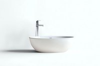Modern white oval bathroom sink with chrome faucet on minimalist white background, isolated design element for interior visualization and architecture projects.