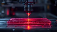 Red laser beam cutting through metallic material with precision, creating bright illumination and sparks during industrial manufacturing process. Macro photography shows detailed view.