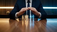 Professional businessman in dark suit protecting glowing human figures with hands, symbolizing leadership, employee care, insurance coverage and corporate responsibility.