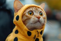 Cute ginger tabby cat wearing yellow polka dot costume or sweater, looking upward with wide eyes and surprised expression, isolated against blurred background.