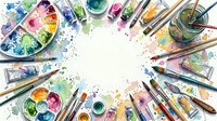 Watercolor paint palette with brushes and supplies arranged on white background, overhead view for art education and creative projects.