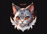 Adorable angelic gray cat character with glowing orange eyes, white fluffy mane and golden halo, artistic digital illustration perfect for gaming, mascot or merchandise design.