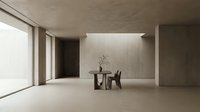 Minimalist interior space with concrete walls, polished floor, and floor-to-ceiling windows. Sparse dining setup with single chair and table featuring dried flowers. Modern architectural design for commercial, residential, or editorial use.