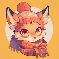 Cute fox character wearing winter knit hat with pom-pom and plaid scarf against orange background, drawn in kawaii anime style with big expressive eyes.