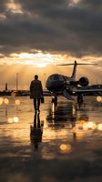 Business executive walking toward private jet on wet airport tarmac during golden hour sunset with dramatic cloudy sky and runway lights reflection.