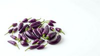 Purple eggplants with green stems arranged on white background, isolated for culinary, recipe, and food design projects.