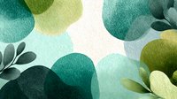 Abstract watercolor composition with overlapping translucent shapes in teal, green, and olive tones, featuring subtle leaf silhouettes on white background.