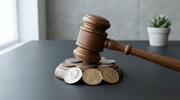 Wooden judge gavel resting on golden coins symbolizing legal fees, court costs, financial justice and litigation expenses in law office setting.