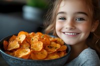 Young girl smiling while enjoying homemade sweet potato chips in kitchen. Healthy snacking, family cooking, nutritious alternatives for children.