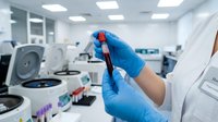 Medical laboratory technician in blue gloves holding blood sample tube for testing and analysis in modern clinical research facility.