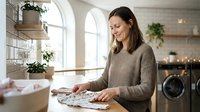 Young woman reading magazine in modern kitchen with plants and natural light creating cozy domestic atmosphere for lifestyle content.