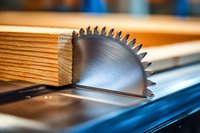 Circular saw blade cutting through wooden plank in carpentry workshop, close-up view of woodworking equipment in action.