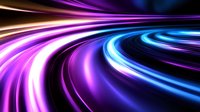 Glowing neon light trails curve through dark space creating dynamic motion effect with vibrant purple, blue and orange streaks against black background.