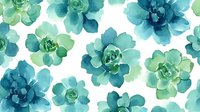 Watercolor succulents in shades of blue and green on white background, creating a fresh botanical pattern for fabric, wallpaper, or stationery design.