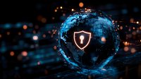 Digital sphere with glowing shield and keyhole icon floating in dark space surrounded by blue light effects and bokeh particles, representing cybersecurity protection.