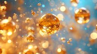 Magical golden bubbles floating in turquoise blue space with glowing bokeh effect create dreamy atmospheric background for festive designs and celebrations.