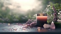 Glowing aromatherapy candle with healing crystals and delicate pink flowers creating serene spa atmosphere on dark surface with soft bokeh background.