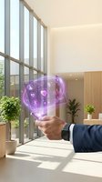 Businessman holding transparent holographic display with purple glowing health and medical icons in modern office space with natural light and plants.