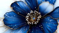Luxurious blue cosmos flower with golden outline and sparkles on white background, macro view. Decorative floral art with metallic accents and crystal details.