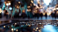 Financial data visualization with stock market chart overlay on blurred city skyline and water surface reflection, representing trading, investment analysis, and economic growth.
