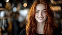 Young redhead woman with freckles smiling at camera, wearing black top against blurred bokeh background. Natural beauty portrait with warm lighting.