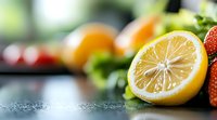 Fresh cut lemon with strawberries and citrus fruits in soft focus background on dark surface, macro food photography for healthy eating concept.