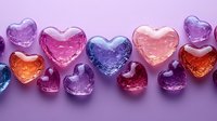 Colorful glass heart shapes arranged in row on purple background, romantic valentines concept with transparent crystal decorative elements. Soft backlit studio lighting.